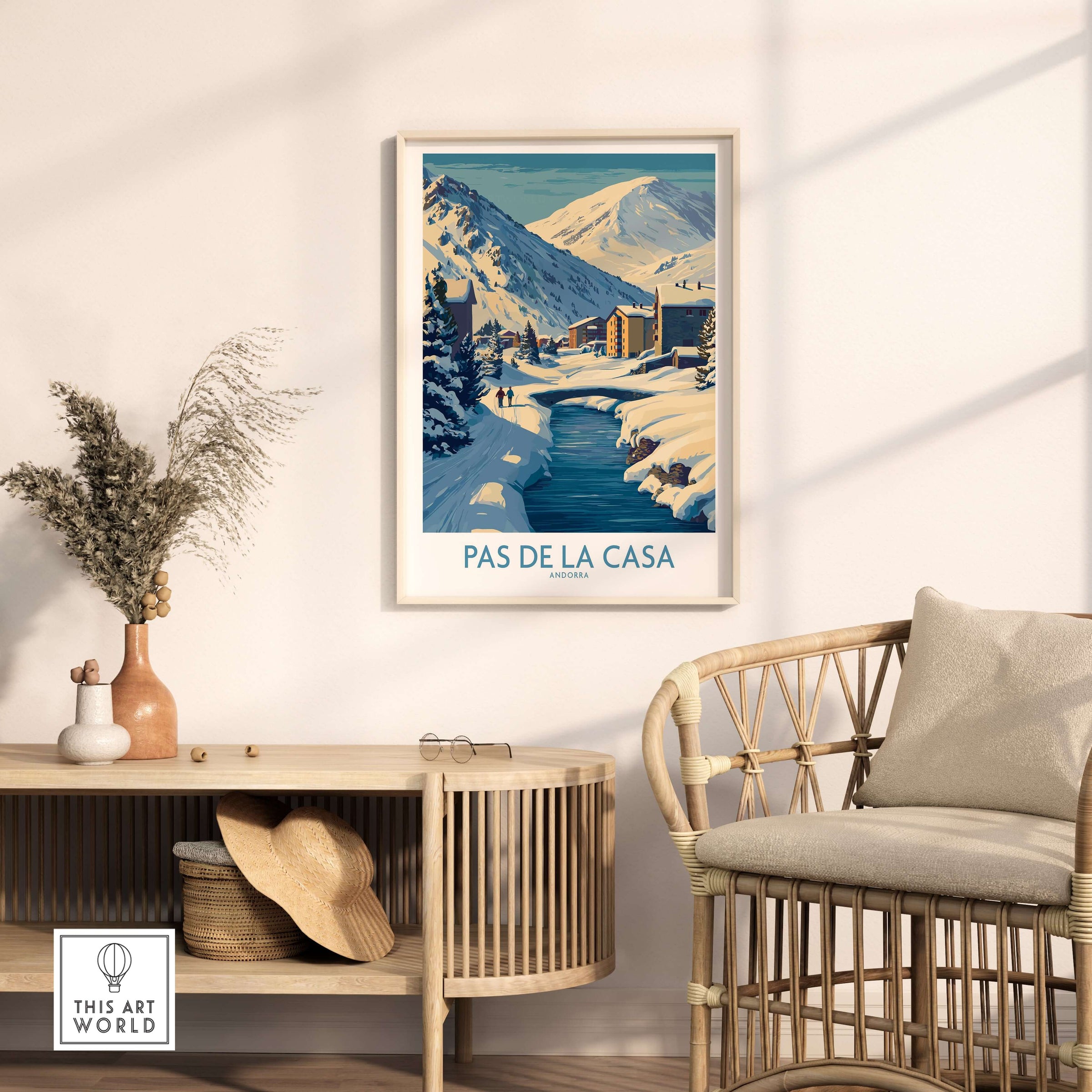 Pas de la Casa Andorra Art Print | Winter Village Bridge Poster in cozy living room setting.