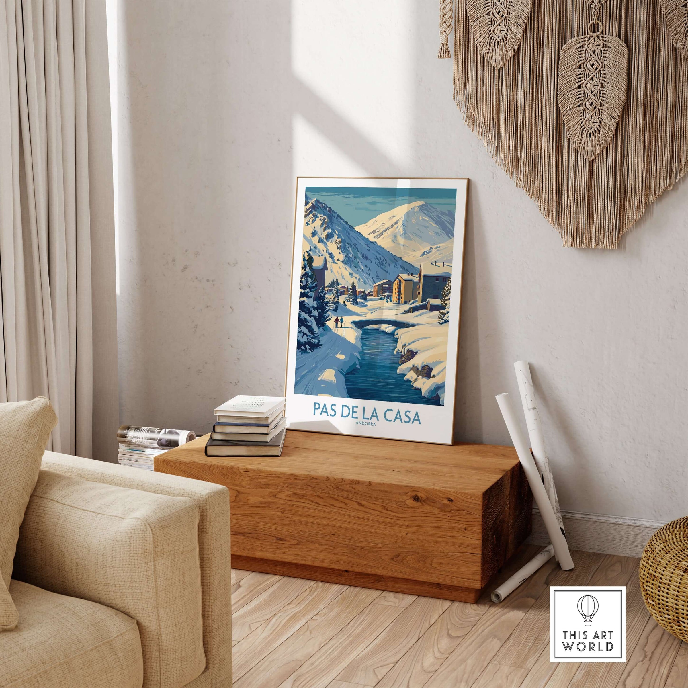 Pas de la Casa Andorra Art Print | Winter Village Bridge Poster displayed in a cozy living room setting.