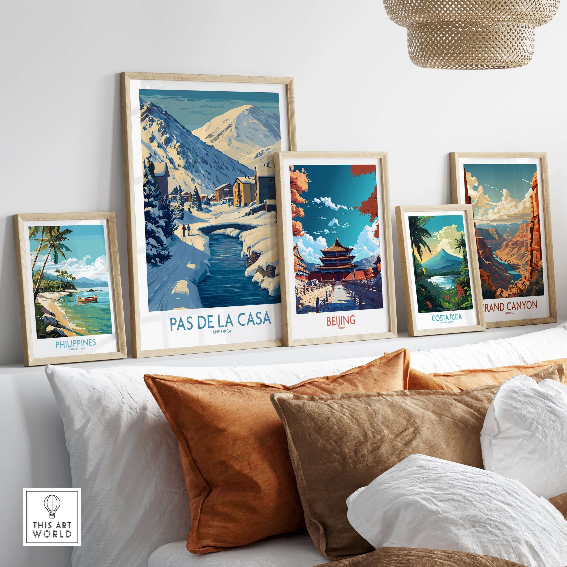 Pas de la Casa Andorra Art Print | Winter Village Bridge Poster displayed among other travel posters.