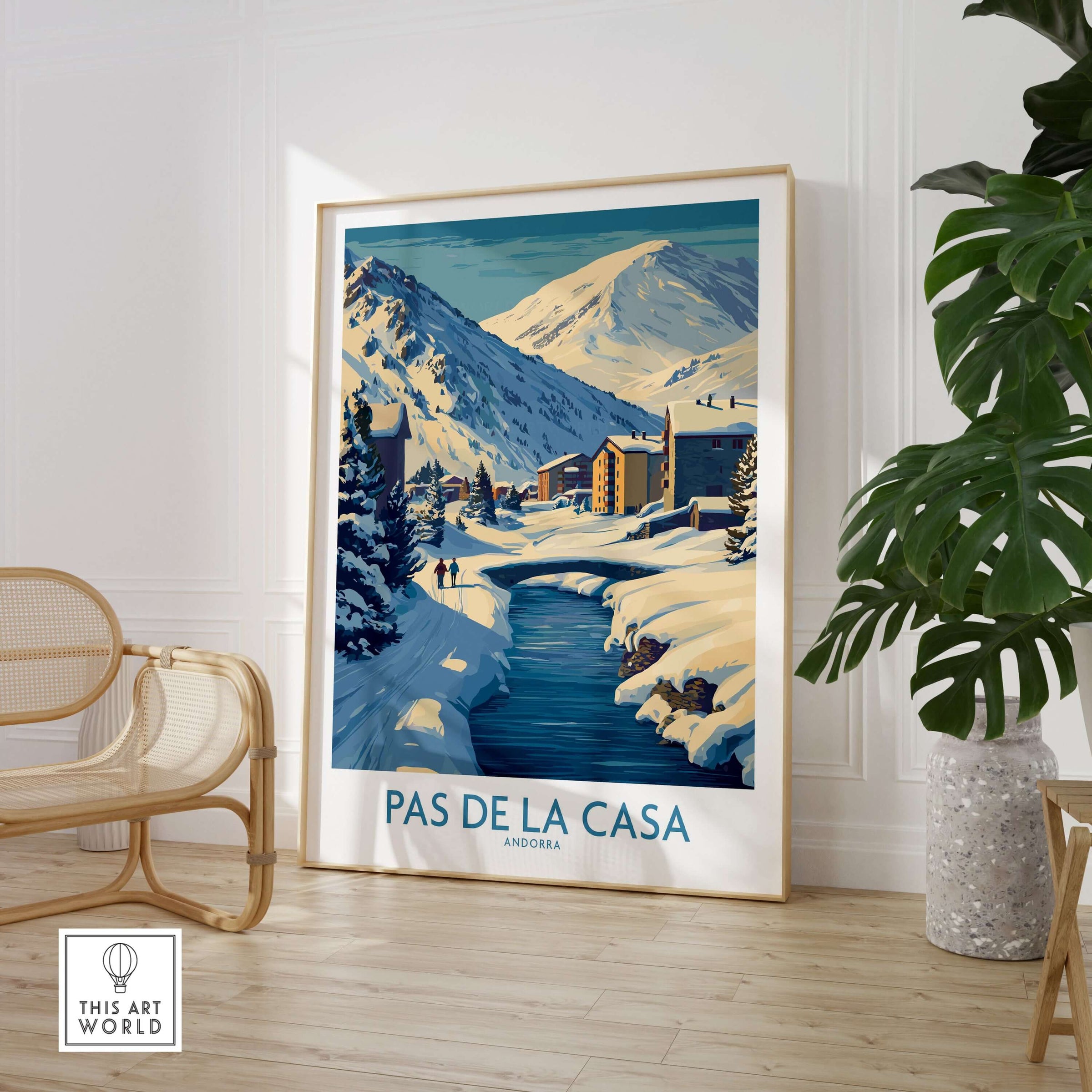 Pas de la Casa Andorra Art Print | Winter Village Bridge Poster showcasing a snowy alpine village scene.