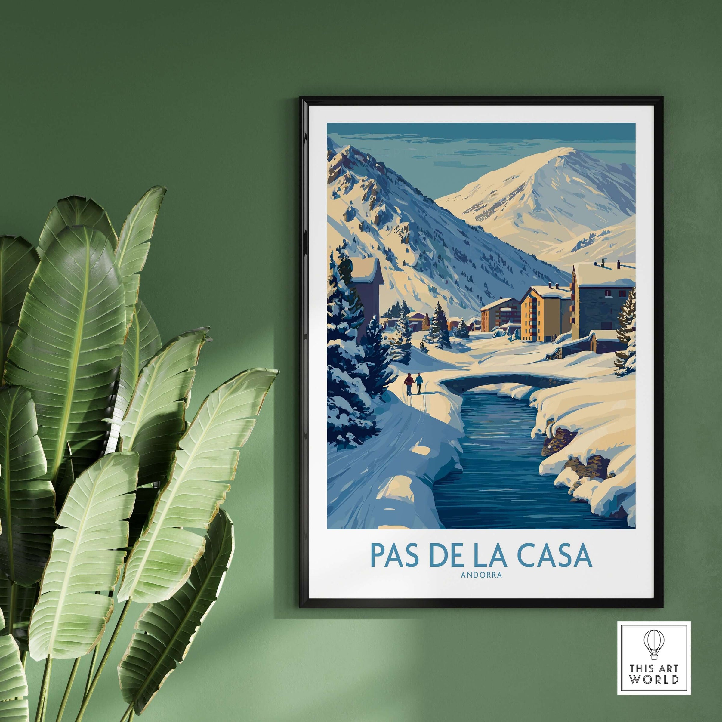 Pas de la Casa Andorra Art Print | Winter Village Bridge Poster displayed against a green wall, showcasing winter landscape.