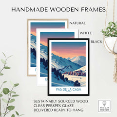 Pas de la Casa Andorra Poster | Pyrenees Ski Resort Wall Art showcased in handmade wooden frames.