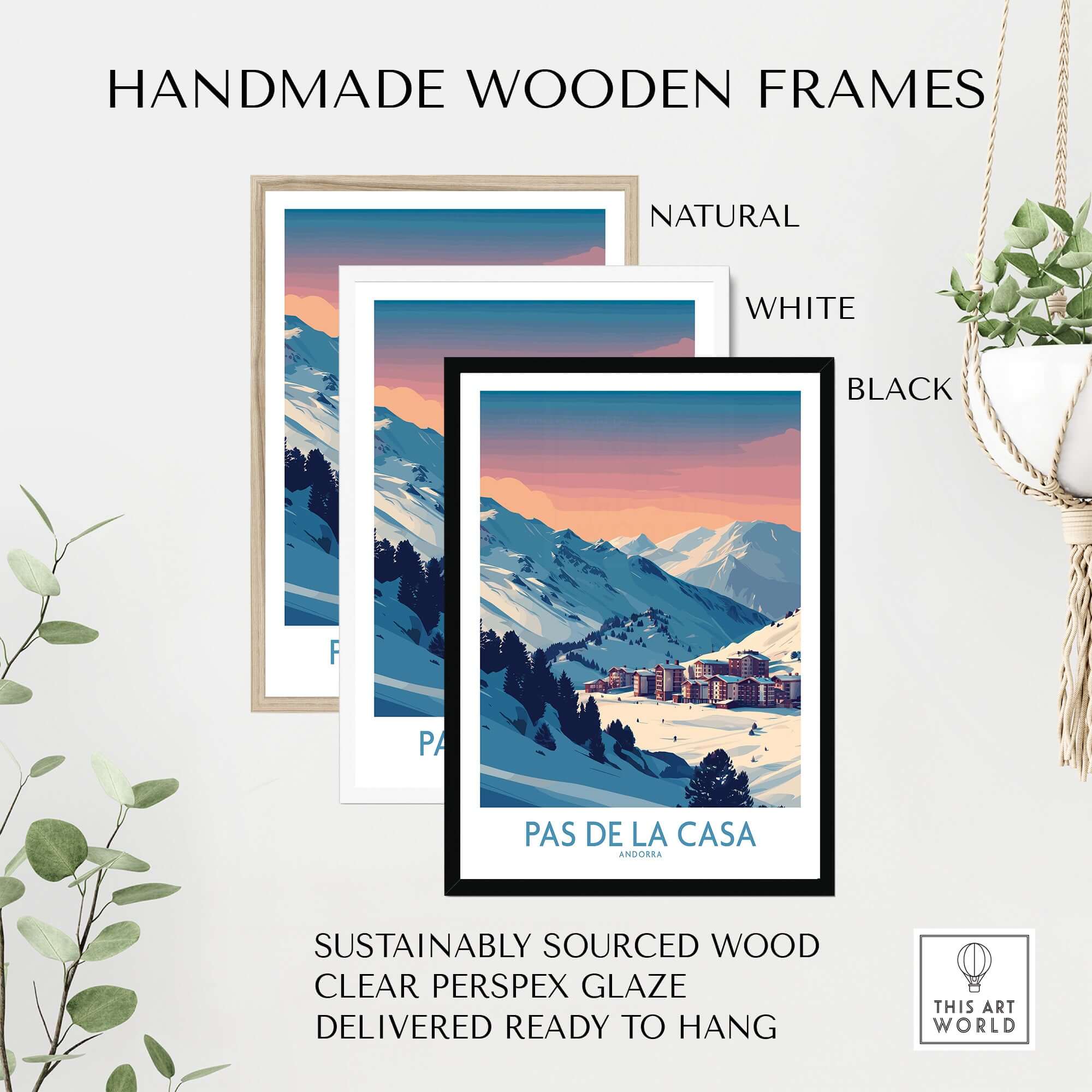 Pas de la Casa Andorra Poster | Pyrenees Ski Resort Wall Art showcased in handmade wooden frames.