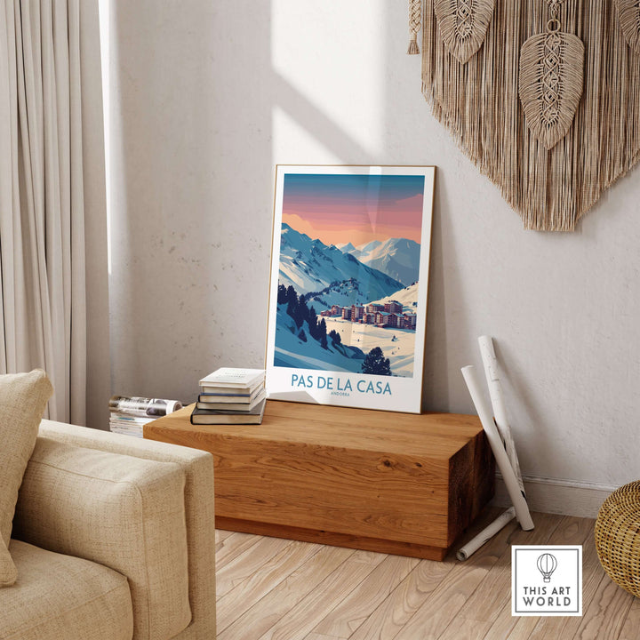 Pas de la Casa Andorra Poster | Pyrenees Ski Resort Wall Art displayed in modern living room decor.