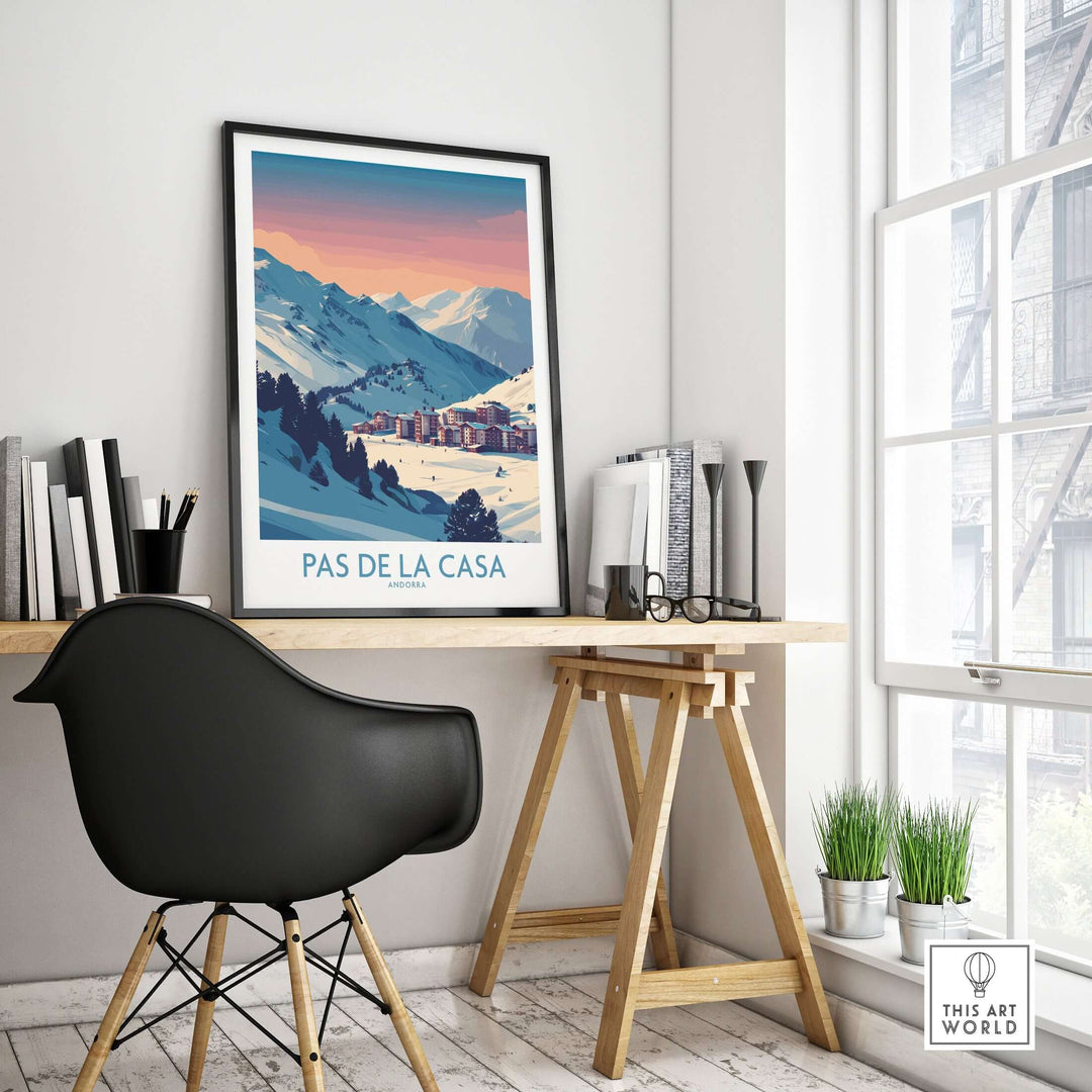 Pas de la Casa Andorra Poster | Pyrenees Ski Resort Wall Art displayed on a stylish wall in a modern office setting.