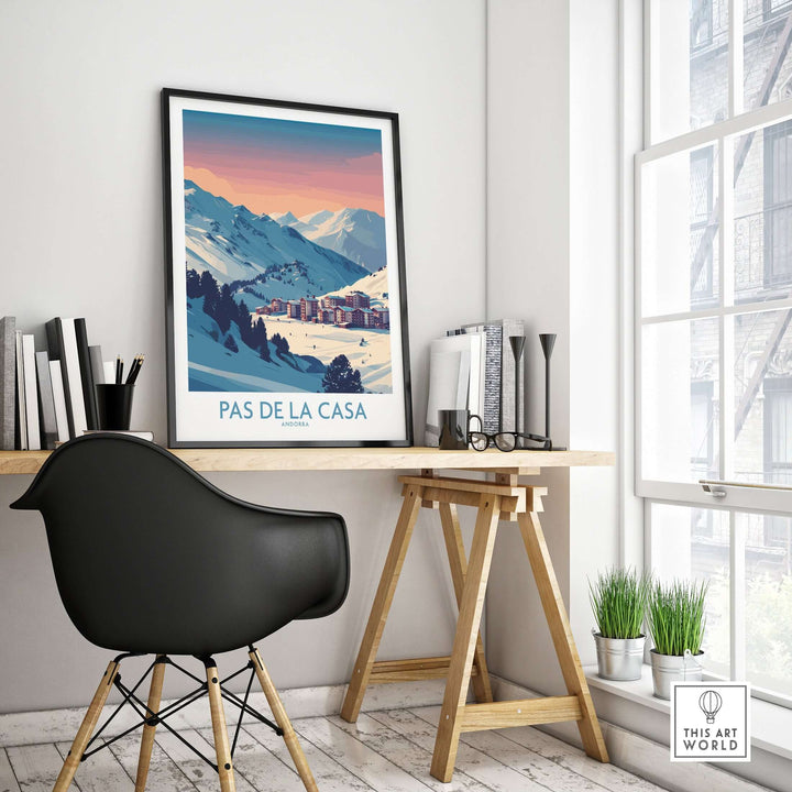 Pas de la Casa Andorra Poster | Pyrenees Ski Resort Wall Art displayed on a stylish wall in a modern office setting.