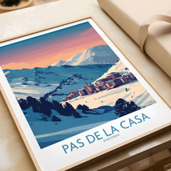 Pas de la Casa Andorra Poster | Pyrenees Ski Resort Wall Art showcasing snowy mountains and resort.