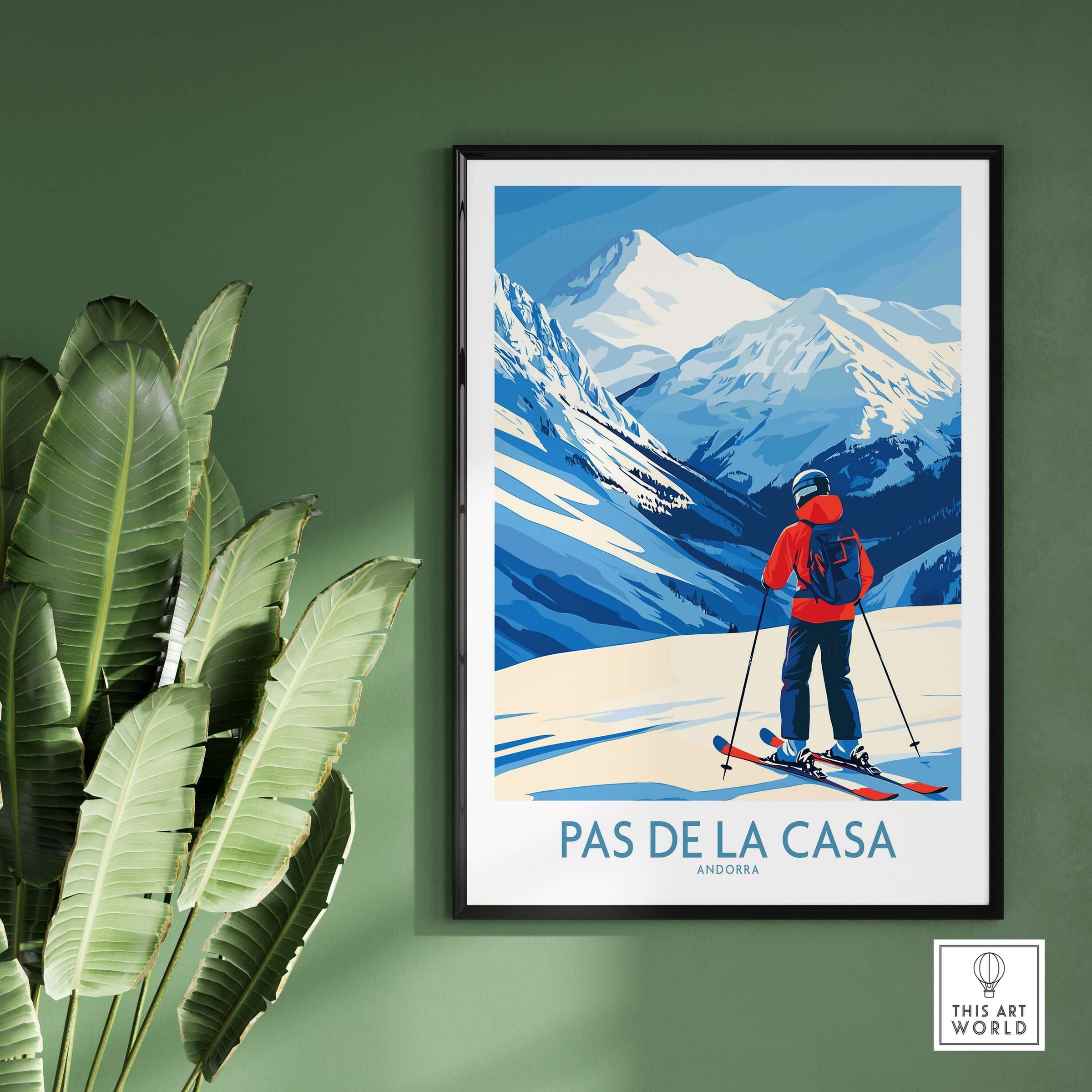 Pas de la Casa Andorra Print | Pyrenees Skiing Poster featuring a skier in the stunning Pyrenees mountains.