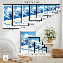 Size guide for Pas de la Casa Andorra Print | Pyrenees Skiing Poster with various frame dimensions.