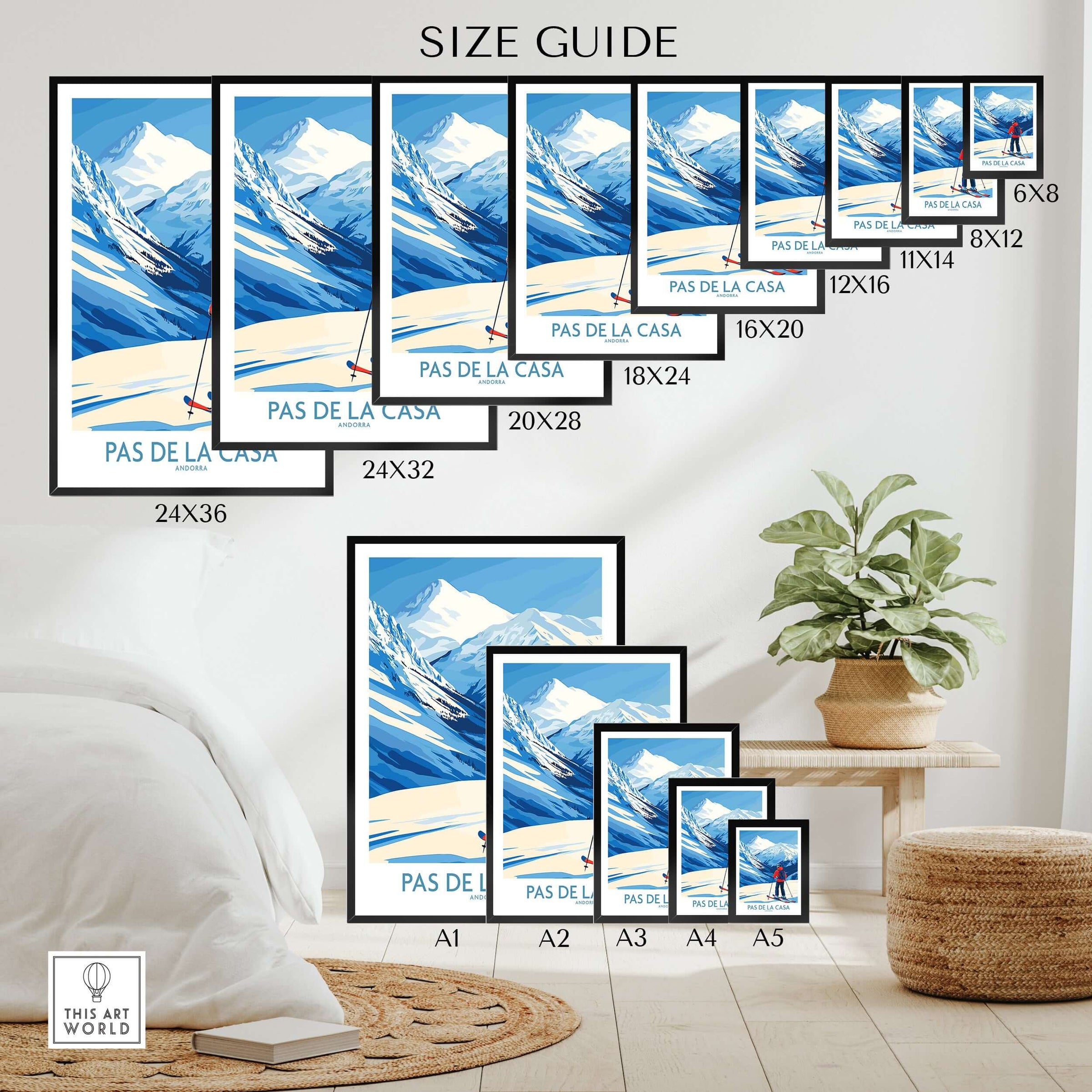 Size guide for Pas de la Casa Andorra Print | Pyrenees Skiing Poster with various frame dimensions.