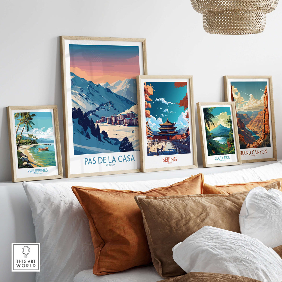 Pas de la Casa Andorra Poster | Pyrenees Ski Resort Wall Art displayed among other art prints in a cozy setting.