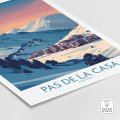 Pas de la Casa Andorra Poster | Pyrenees Ski Resort Wall Art featuring vibrant snowy peaks and cozy resort.