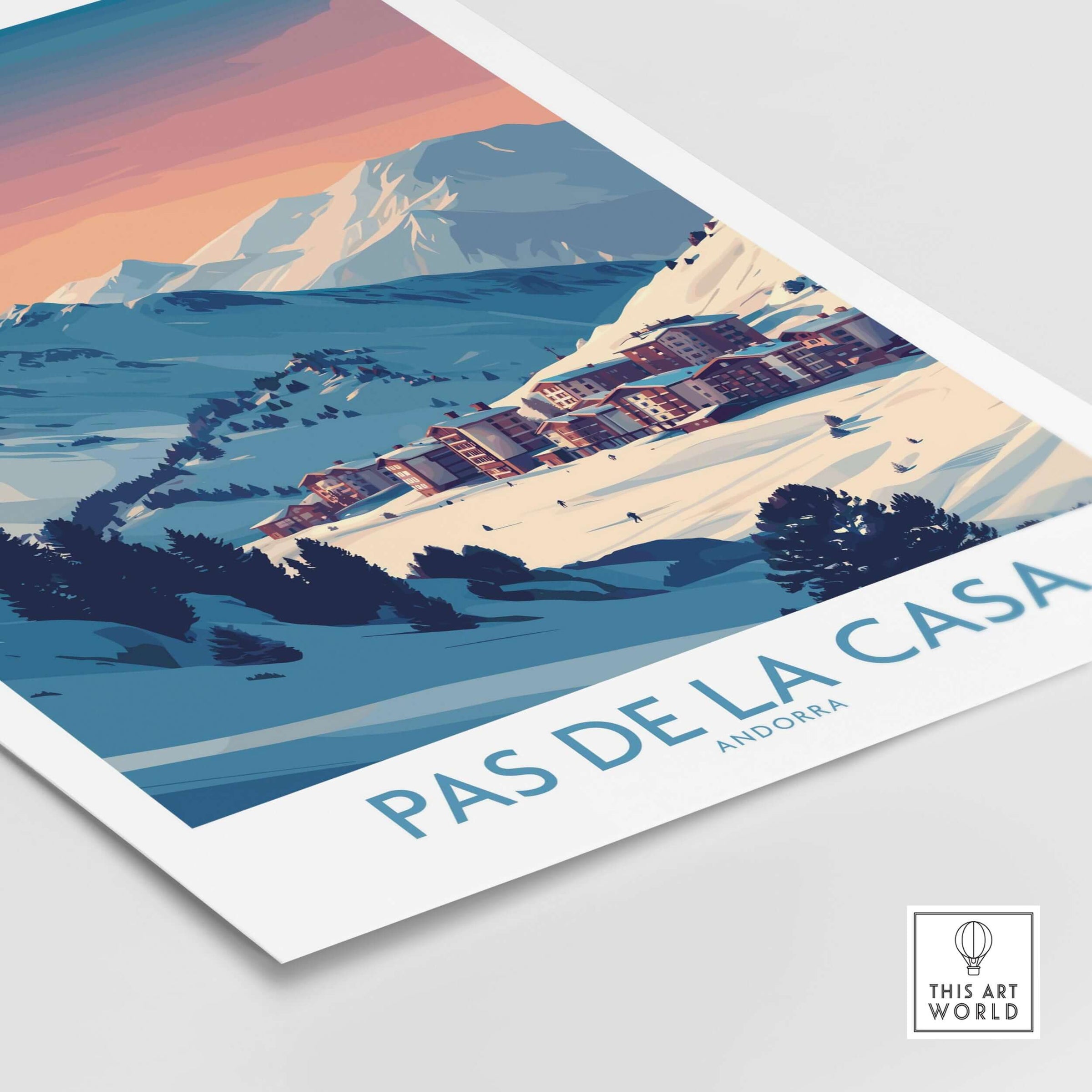 Pas de la Casa Andorra Poster | Pyrenees Ski Resort Wall Art featuring vibrant snowy peaks and cozy resort.