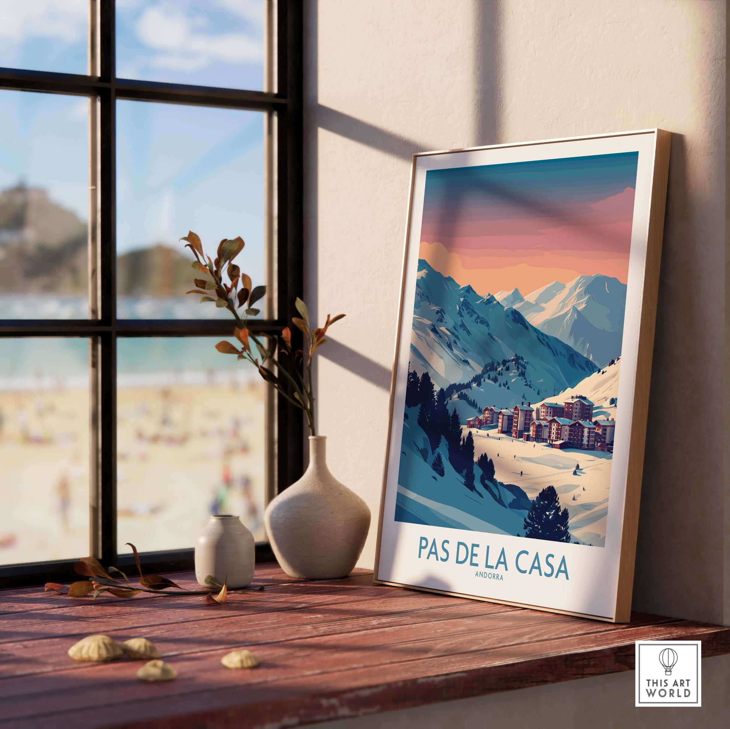Pas de la Casa Andorra Poster | Pyrenees Ski Resort Wall Art displayed near a window with a scenic mountain view.