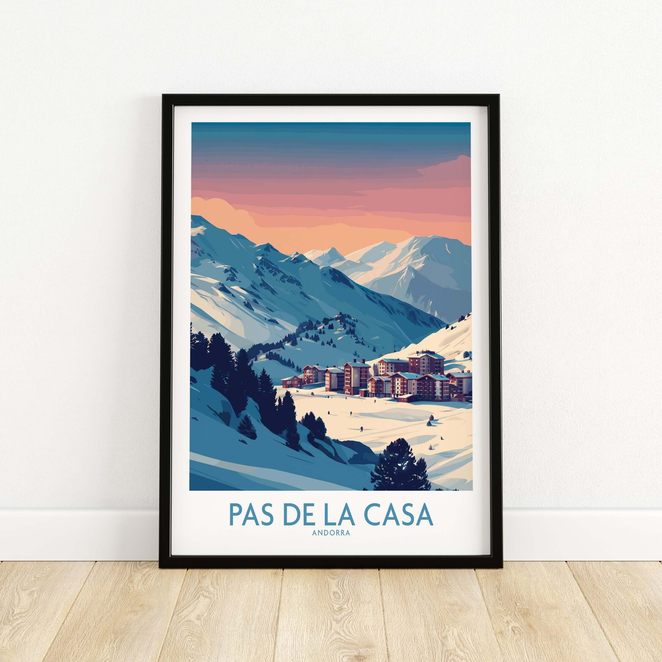 Pas de la Casa Andorra Poster | Pyrenees Ski Resort Wall Art showcasing snowy mountains and resort in vibrant colors.