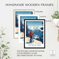 Pas de la Casa Andorra Ski Print | Pyrenees Winter Poster displayed in handmade wooden frames in natural, white, and black.