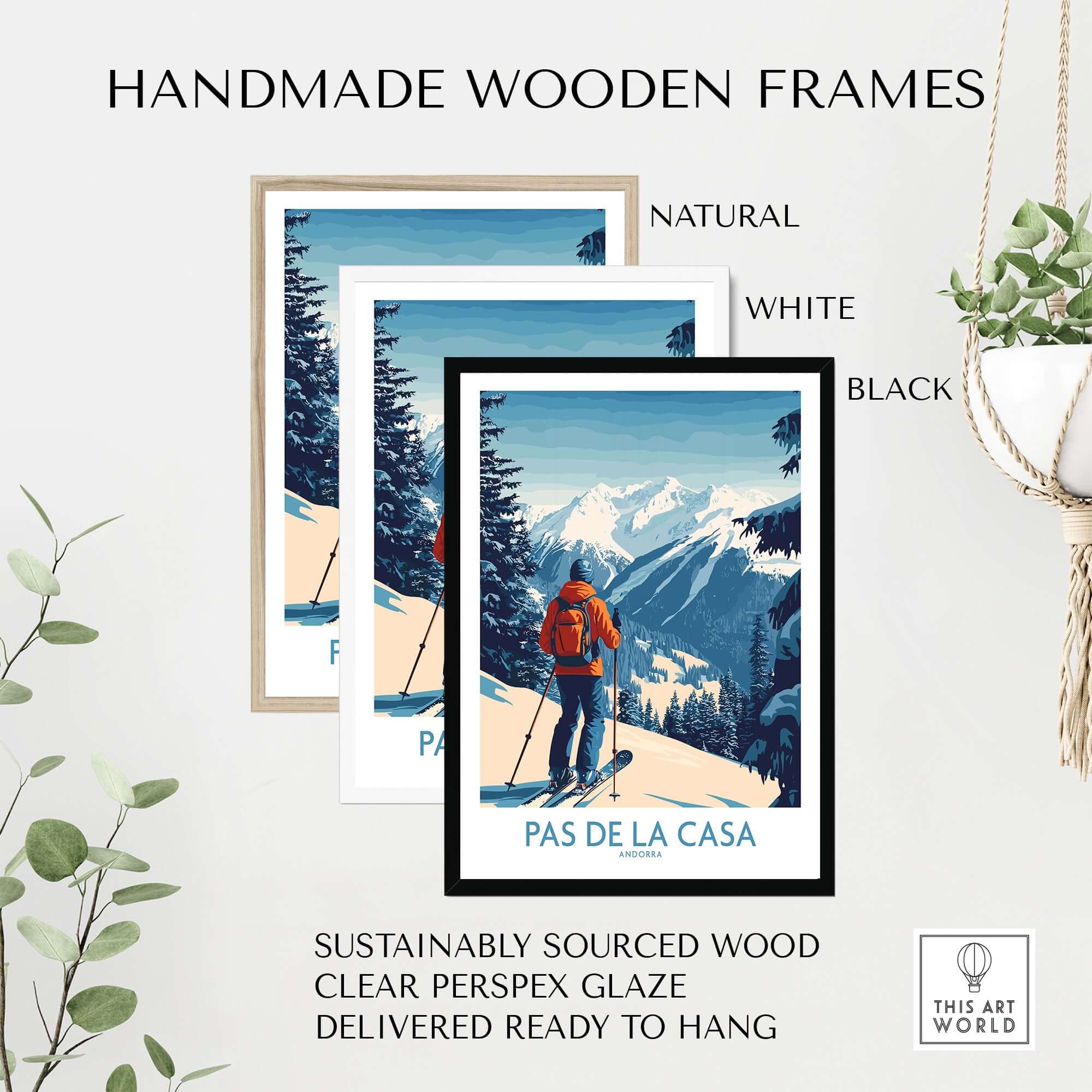 Pas de la Casa Andorra Ski Print | Pyrenees Winter Poster displayed in handmade wooden frames in natural, white, and black.
