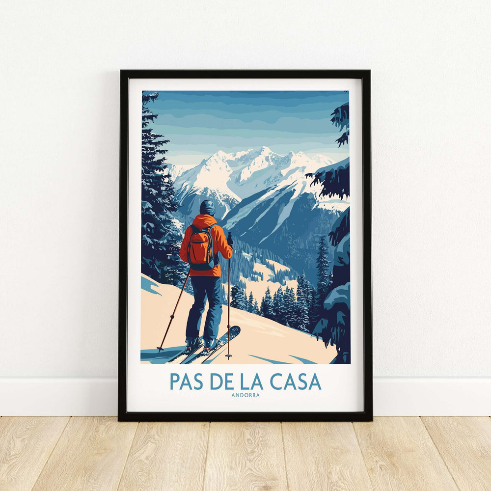 Pas de la Casa Andorra Ski Print | Pyrenees Winter Poster featuring a skier on a snowy mountain backdrop.