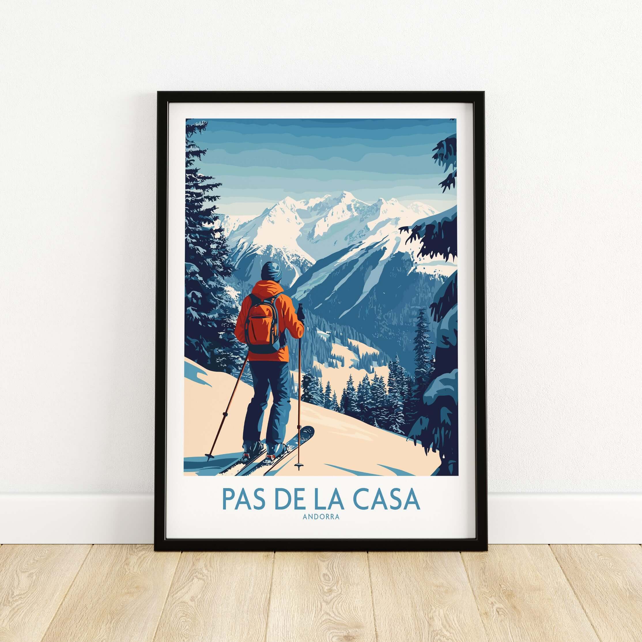 Pas de la Casa Andorra Ski Print | Pyrenees Winter Poster featuring a skier on a snowy mountain backdrop.