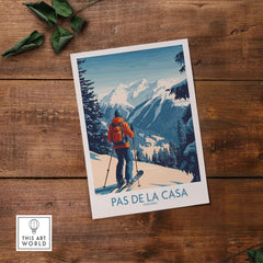 Pas de la Casa Andorra Ski Print | Pyrenees Winter Poster featuring a skier in a snowy mountain landscape.