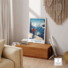 Pas de la Casa Andorra Ski Print | Pyrenees Winter Poster displayed in a cozy living room setting.