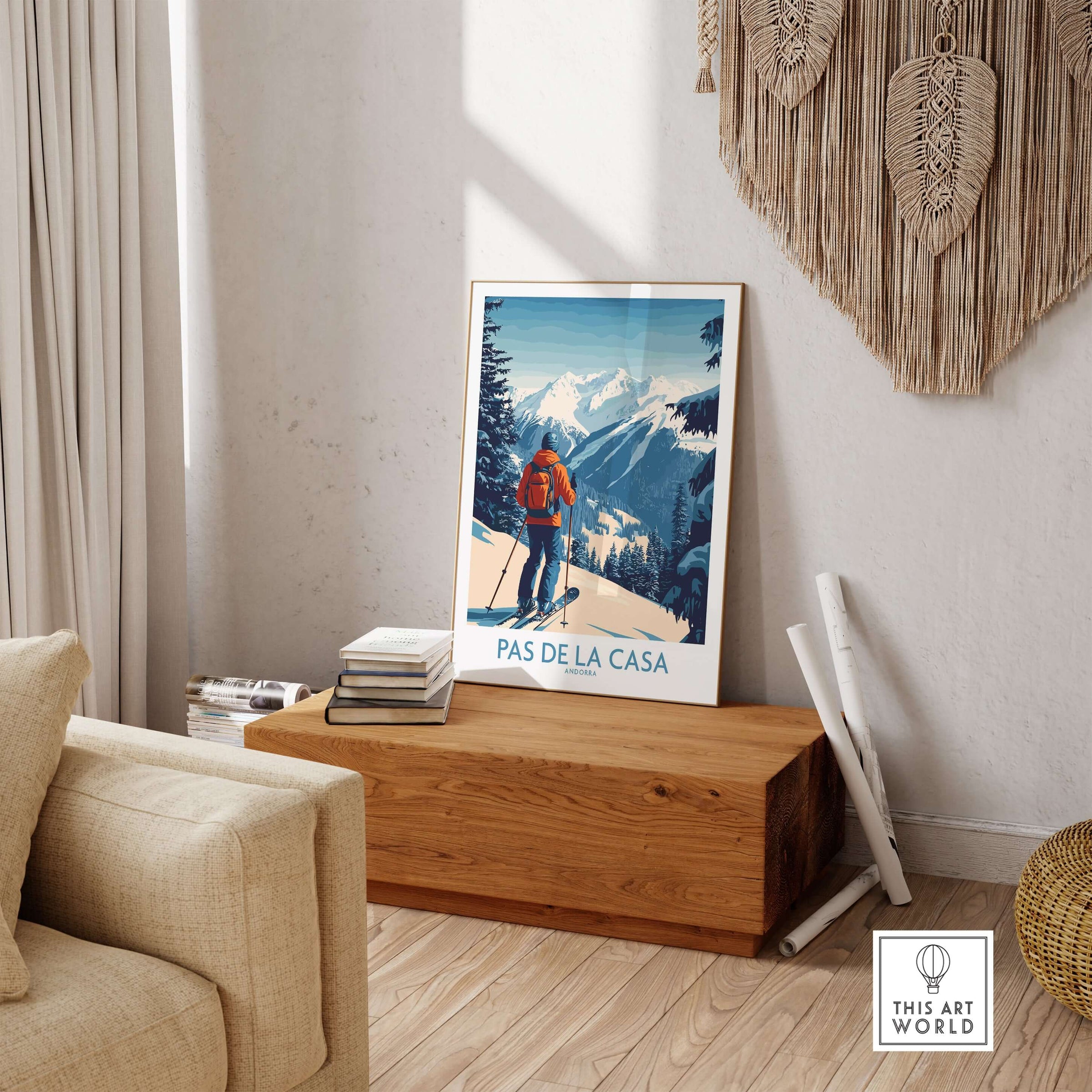Pas de la Casa Andorra Ski Print | Pyrenees Winter Poster displayed in a cozy living room setting.