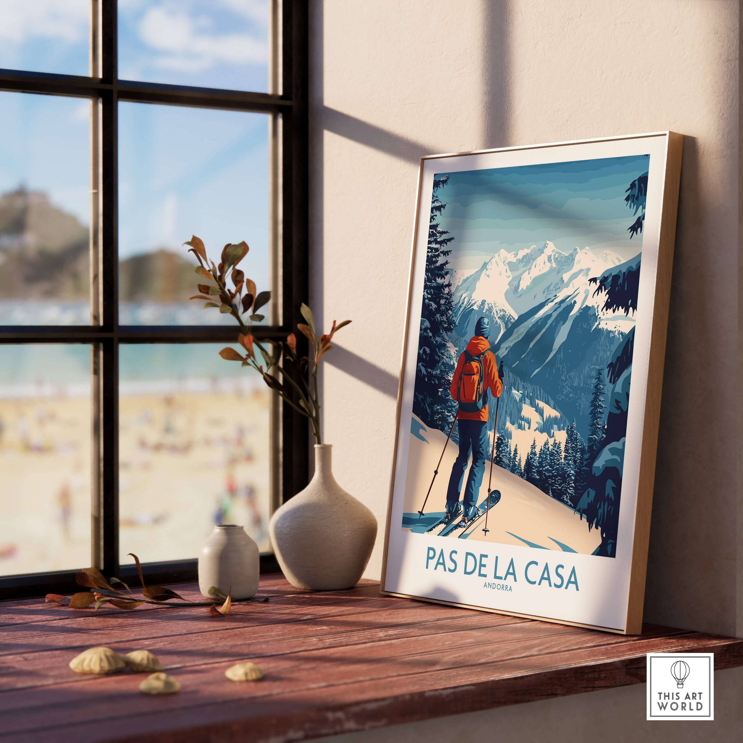 Pas de la Casa Andorra Ski Print | Pyrenees Winter Poster displayed in a cozy indoor setting with a scenic view.