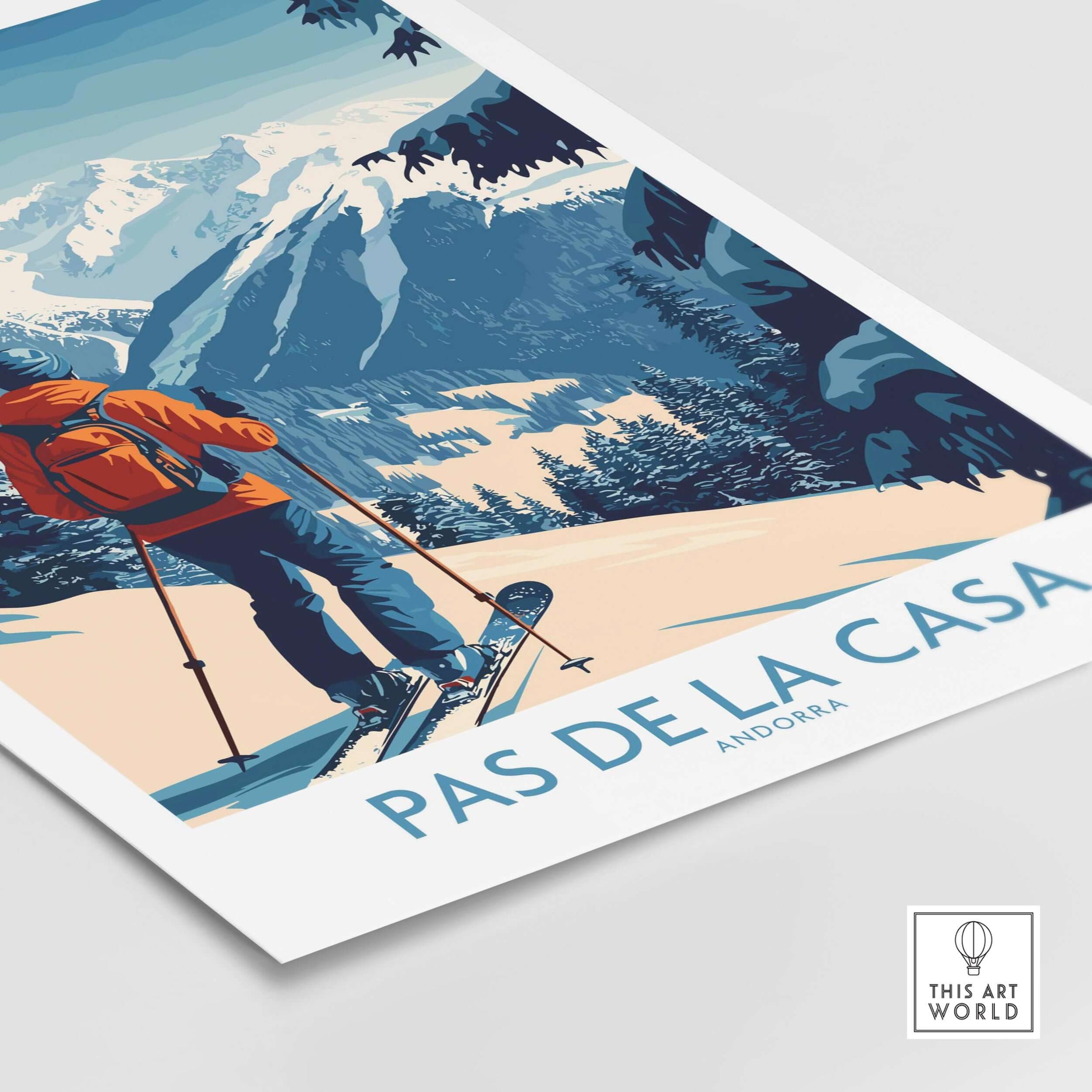 Pas de la Casa Andorra Ski Print | Pyrenees Winter Poster featuring a skier in a snowy mountain landscape.