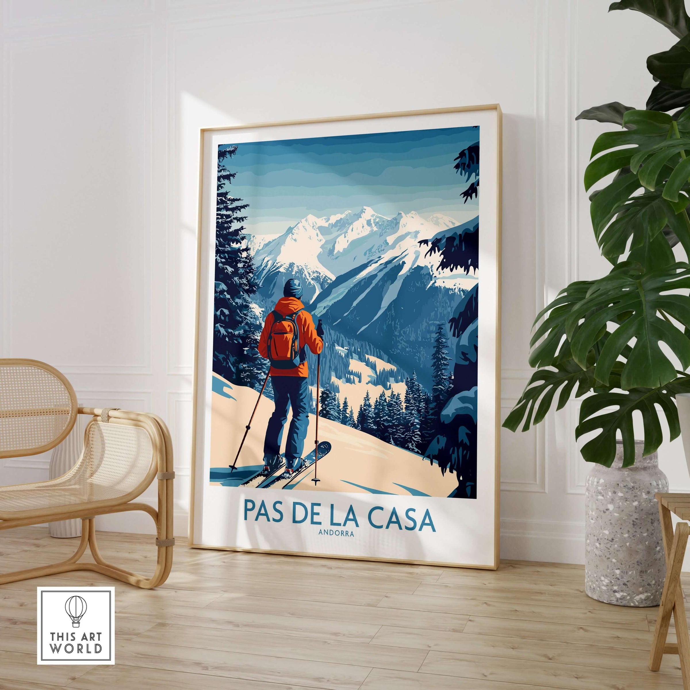 Pas de la Casa Andorra Ski Print | Pyrenees Winter Poster showcasing a skier in a snowy mountain landscape.
