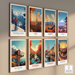 Pas de la Casa Andorra Ski Print | Pyrenees Winter Poster displayed among various city art prints.