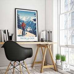 Pas de la Casa Andorra Ski Print | Pyrenees Winter Poster displayed in a modern office setting with a cozy chair.
