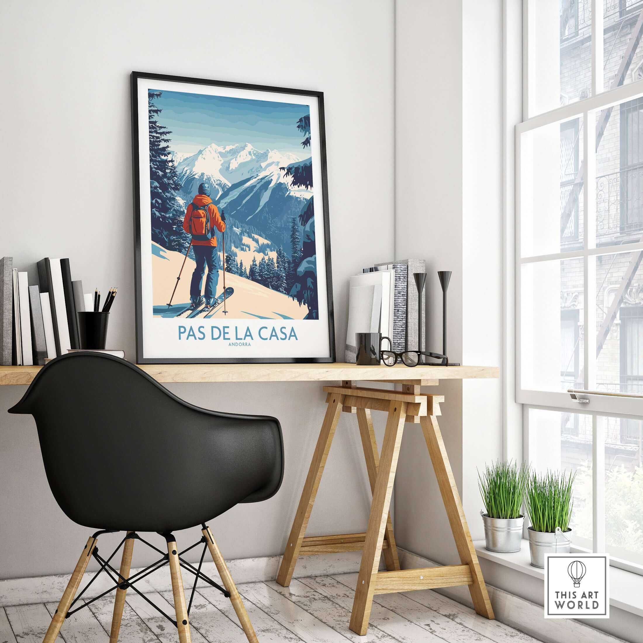 Pas de la Casa Andorra Ski Print | Pyrenees Winter Poster displayed in a modern office setting with a cozy chair.