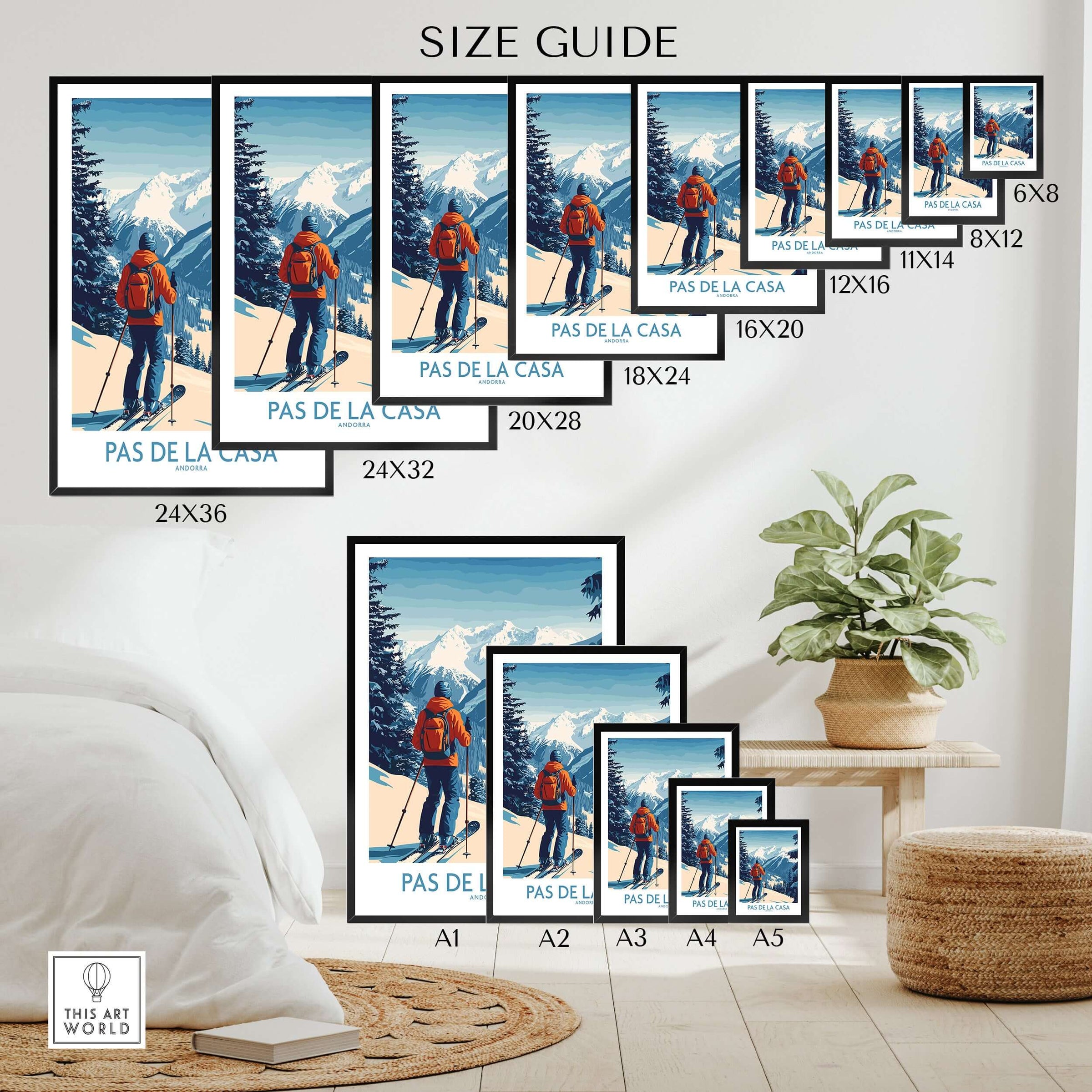 Pas de la Casa Andorra Ski Print | Pyrenees Winter Poster size guide showing various print sizes.