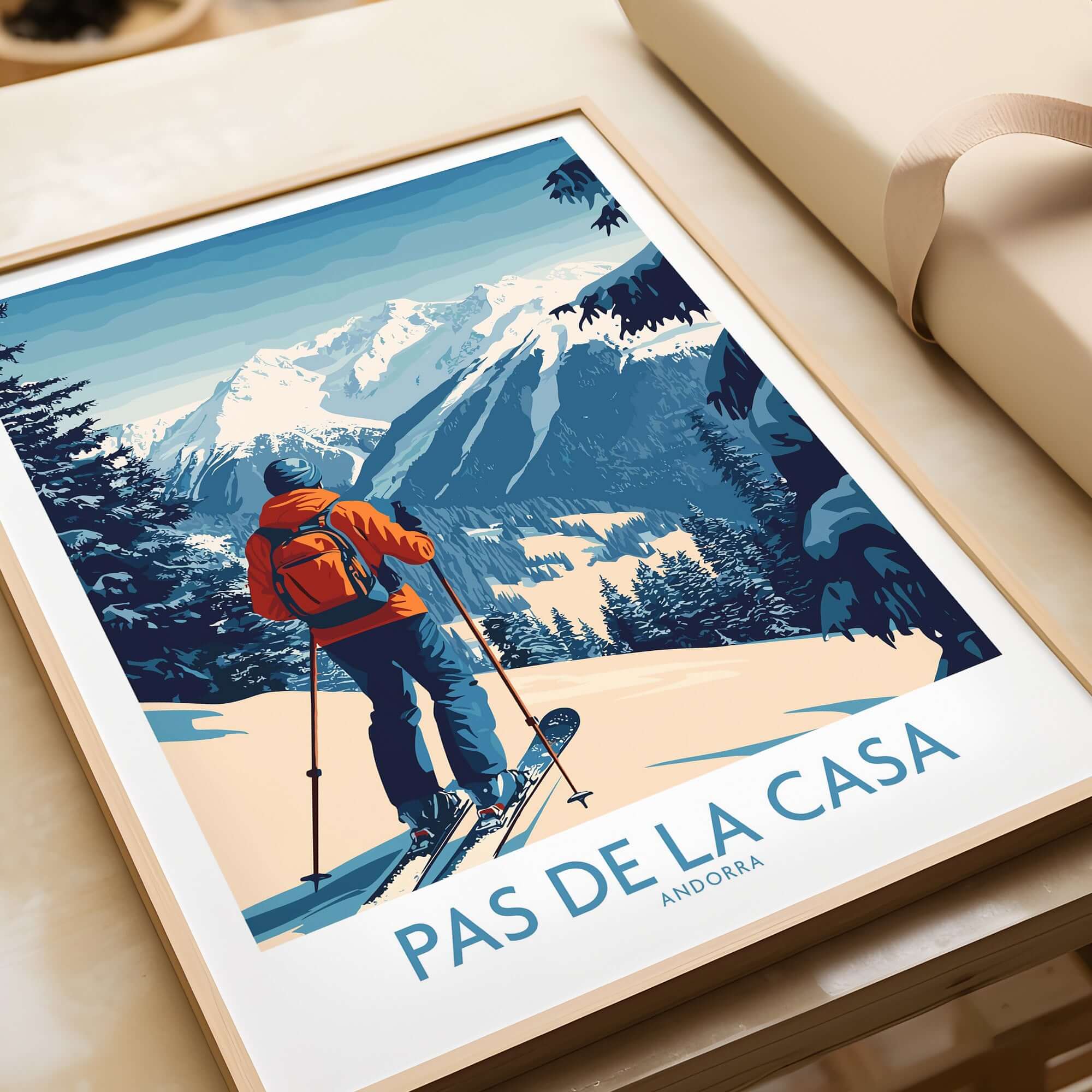 Pas de la Casa Andorra Ski Print | Pyrenees Winter Poster featuring a skier in a snowy landscape and mountains.