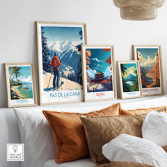 Pas de la Casa Andorra Ski Print | Pyrenees Winter Poster displayed among other travel posters on a shelf.