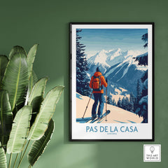 Pas de la Casa Andorra Ski Print | Pyrenees Winter Poster featuring a skier on a snowy mountain landscape.