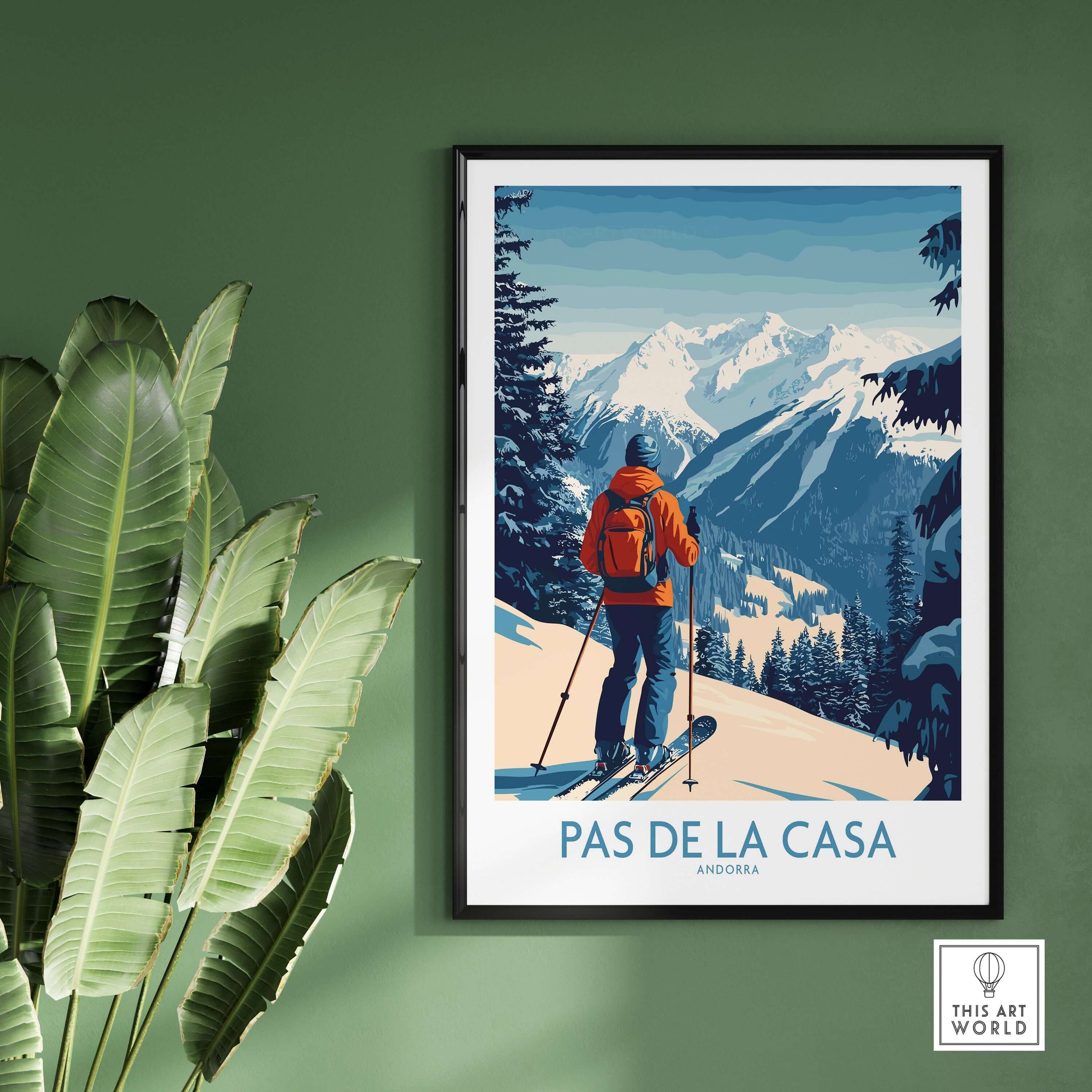Pas de la Casa Andorra Ski Print | Pyrenees Winter Poster featuring a skier on a snowy mountain landscape.