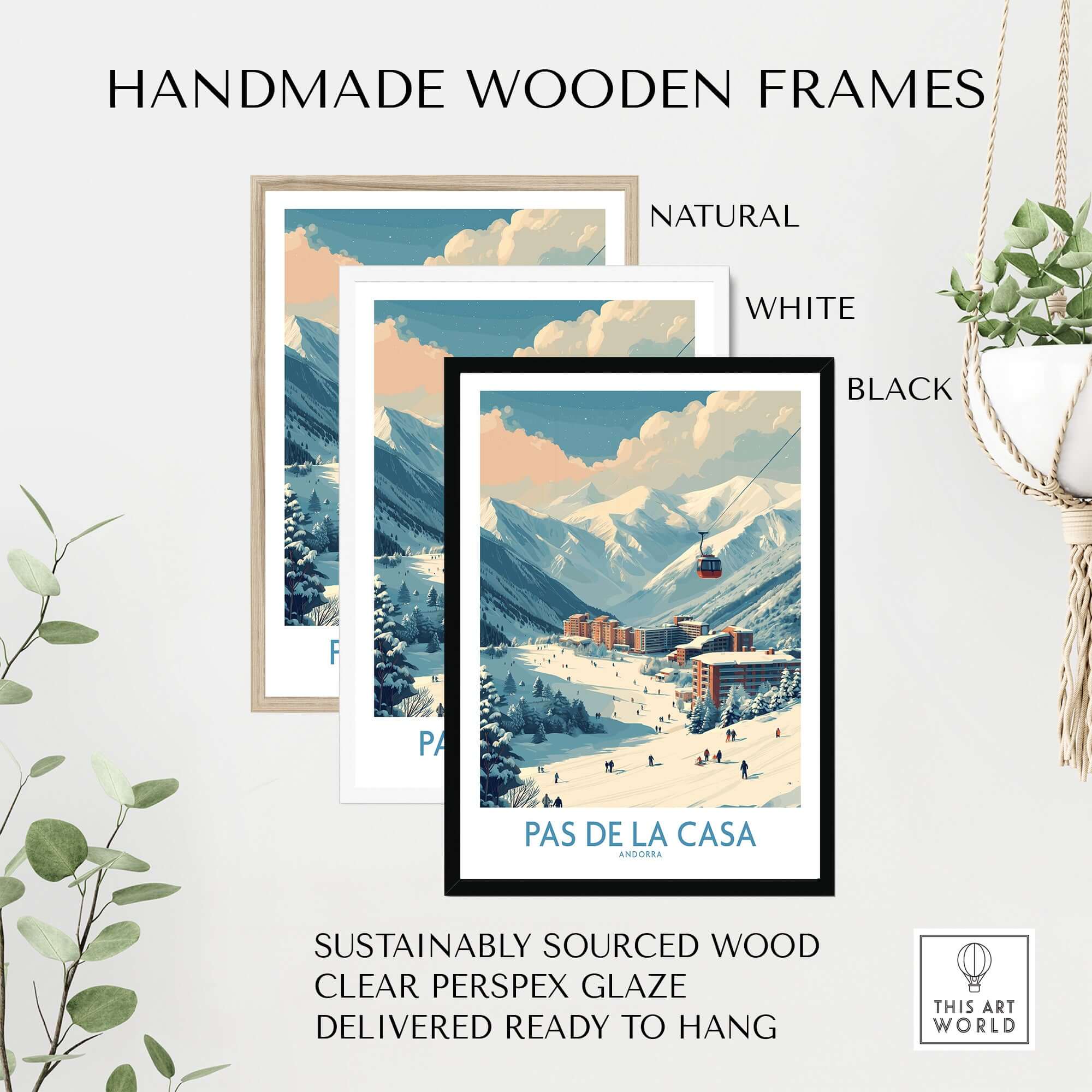 Pas de la Casa Andorra Ski Resort Art Print | Pyrenees Cable Car Poster framed in natural, white, and black handmade frames.