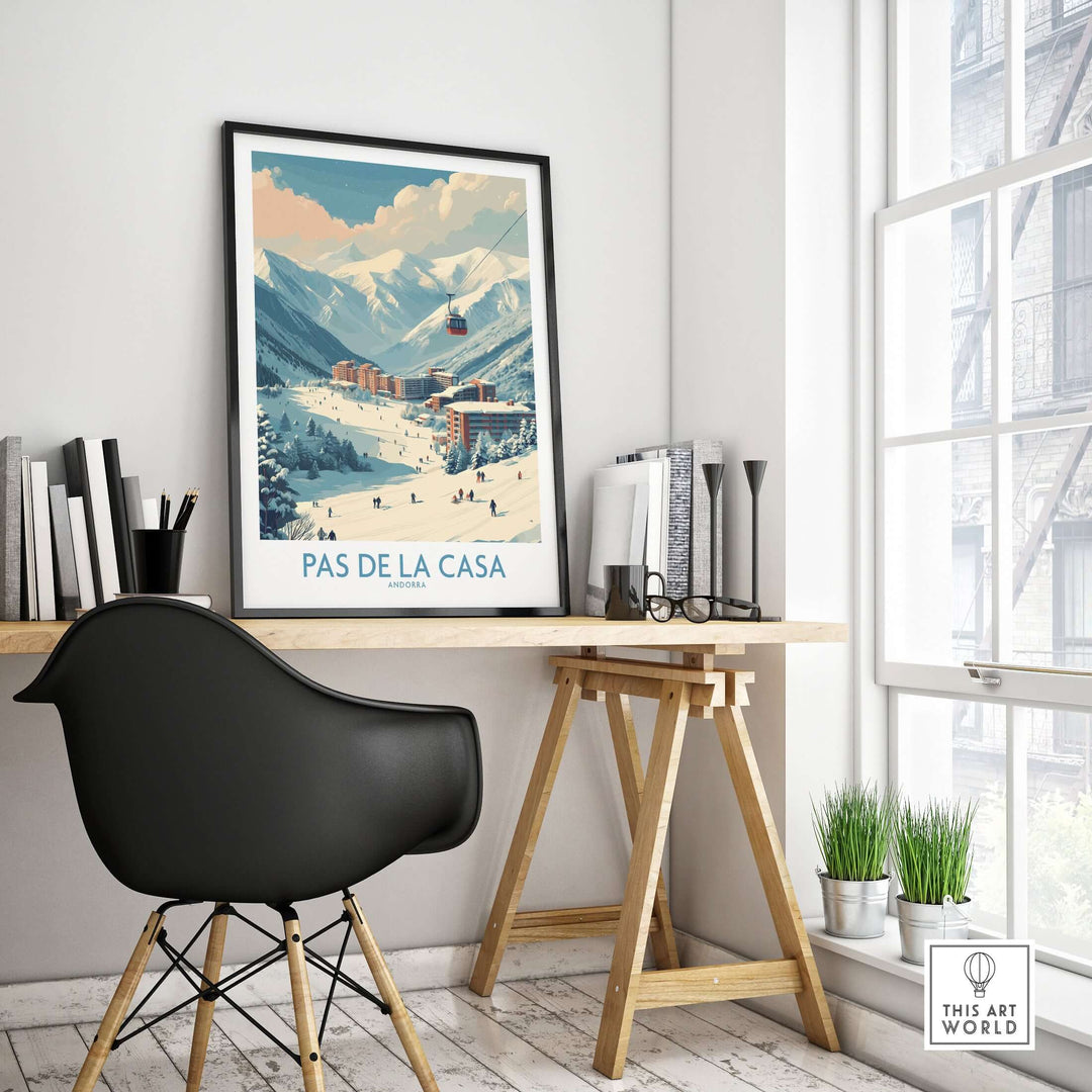 Pas de la Casa Andorra Ski Resort Art Print | Pyrenees Cable Car Poster showcased in a stylish modern workspace.