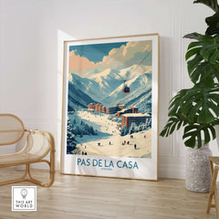 Pas de la Casa Andorra Ski Resort Art Print | Pyrenees Cable Car Poster displayed in a modern living room.