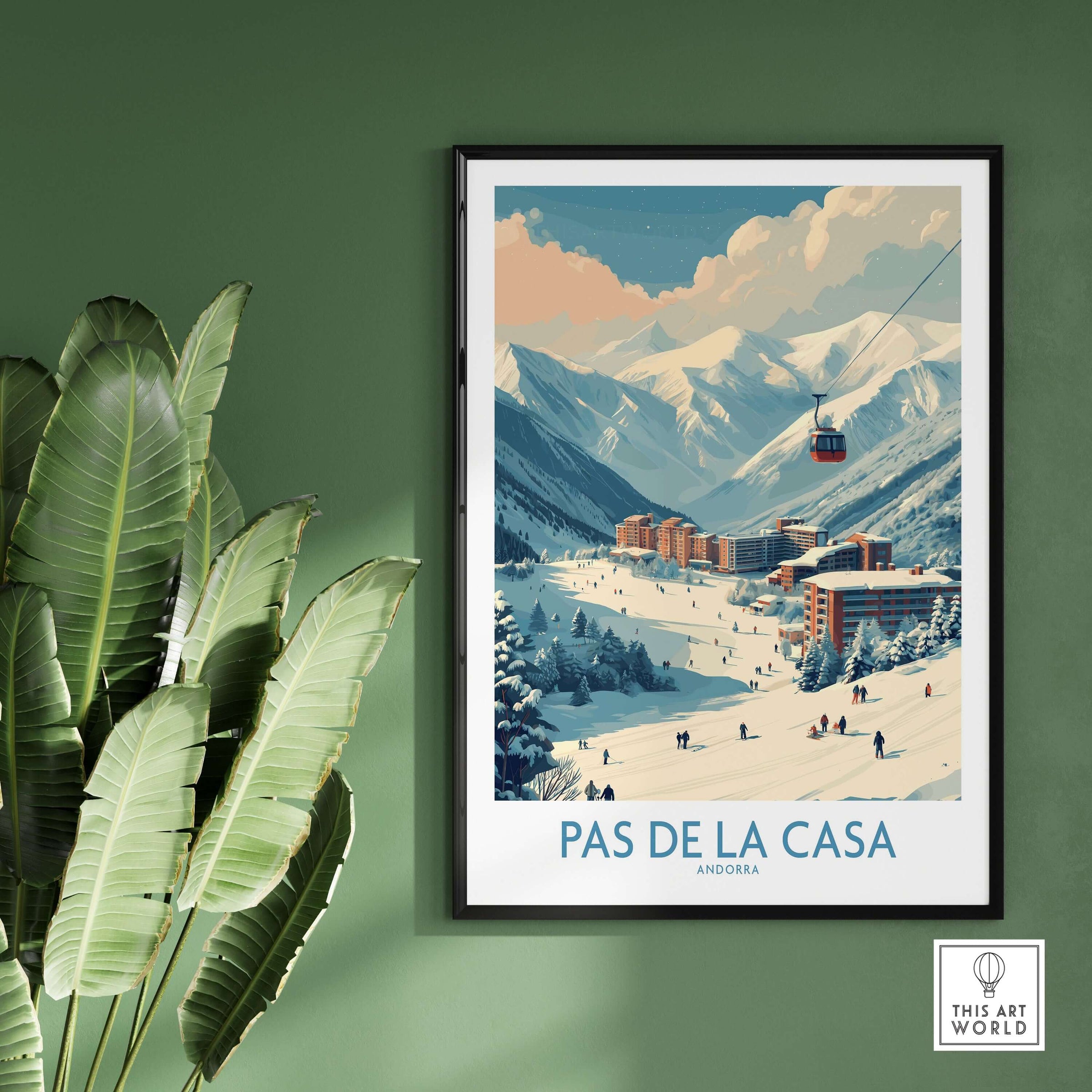 Pas de la Casa Andorra Ski Resort Art Print | Pyrenees Cable Car Poster displayed in a stylish interior with plants.