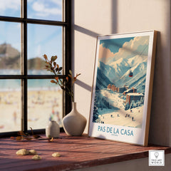 Pas de la Casa Andorra Ski Resort Art Print | Pyrenees Cable Car Poster displayed in a cozy interior setting.