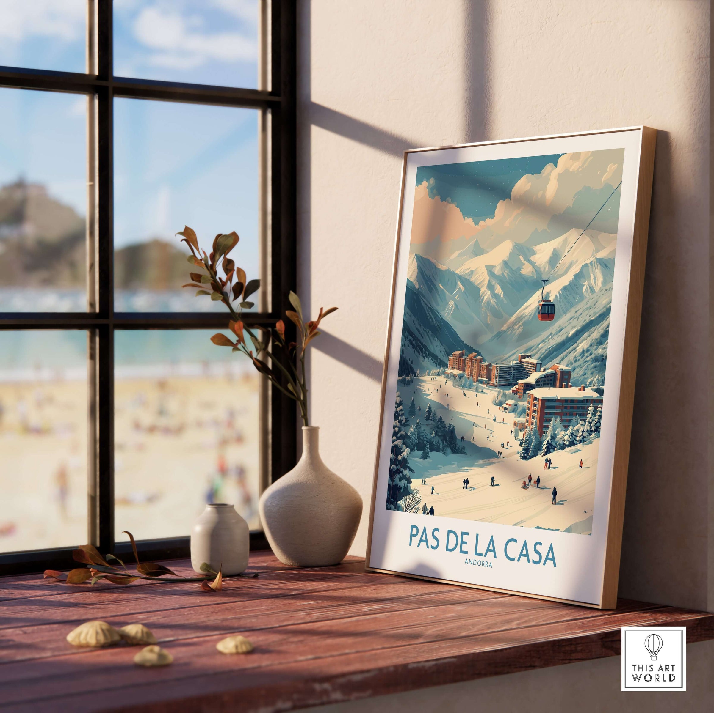 Pas de la Casa Andorra Ski Resort Art Print | Pyrenees Cable Car Poster displayed in a cozy interior setting.