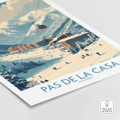 Pas de la Casa Andorra Ski Resort Art Print | Pyrenees Cable Car Poster featuring a winter scene with skiers and a cable car.