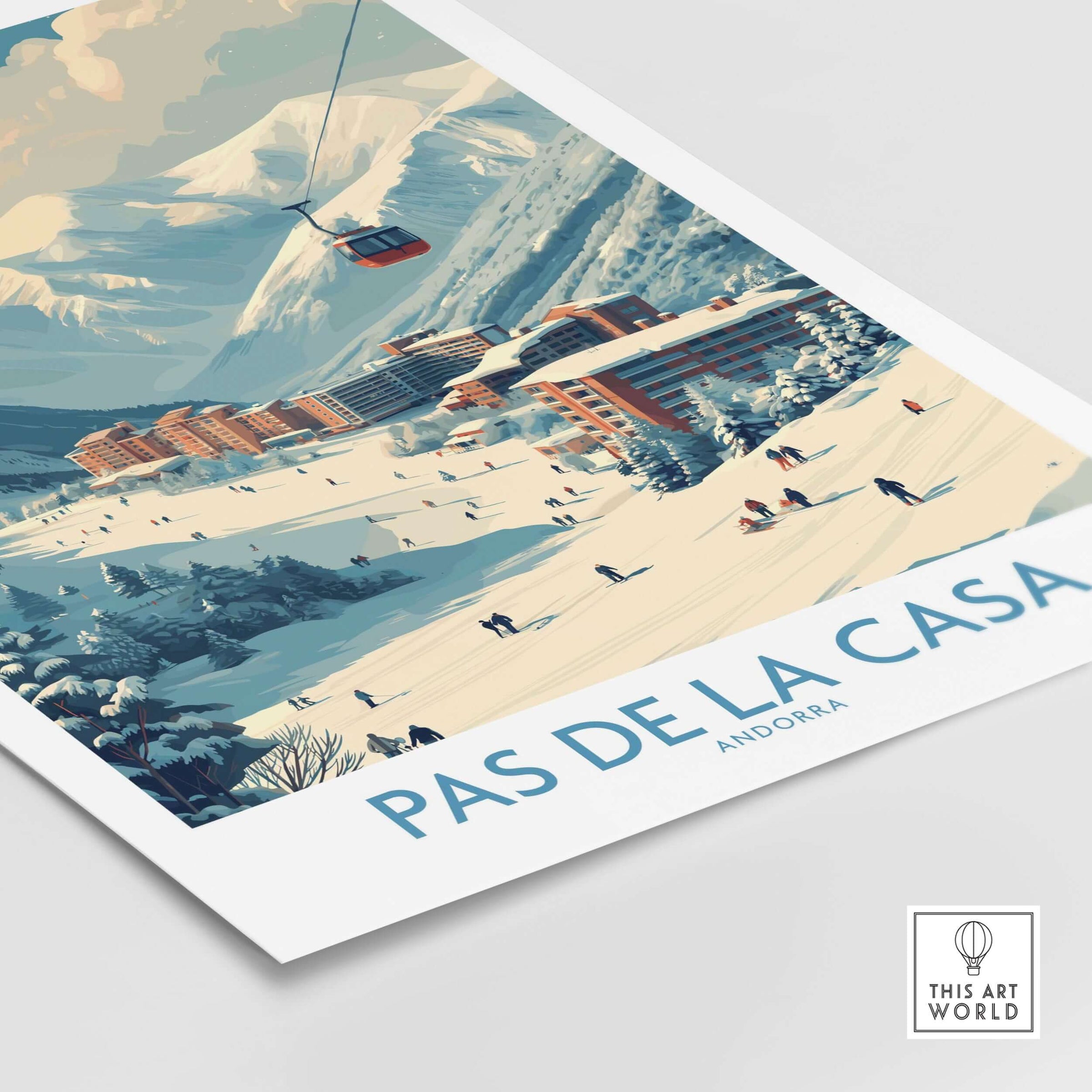 Pas de la Casa Andorra Ski Resort Art Print | Pyrenees Cable Car Poster featuring a winter scene with skiers and a cable car.