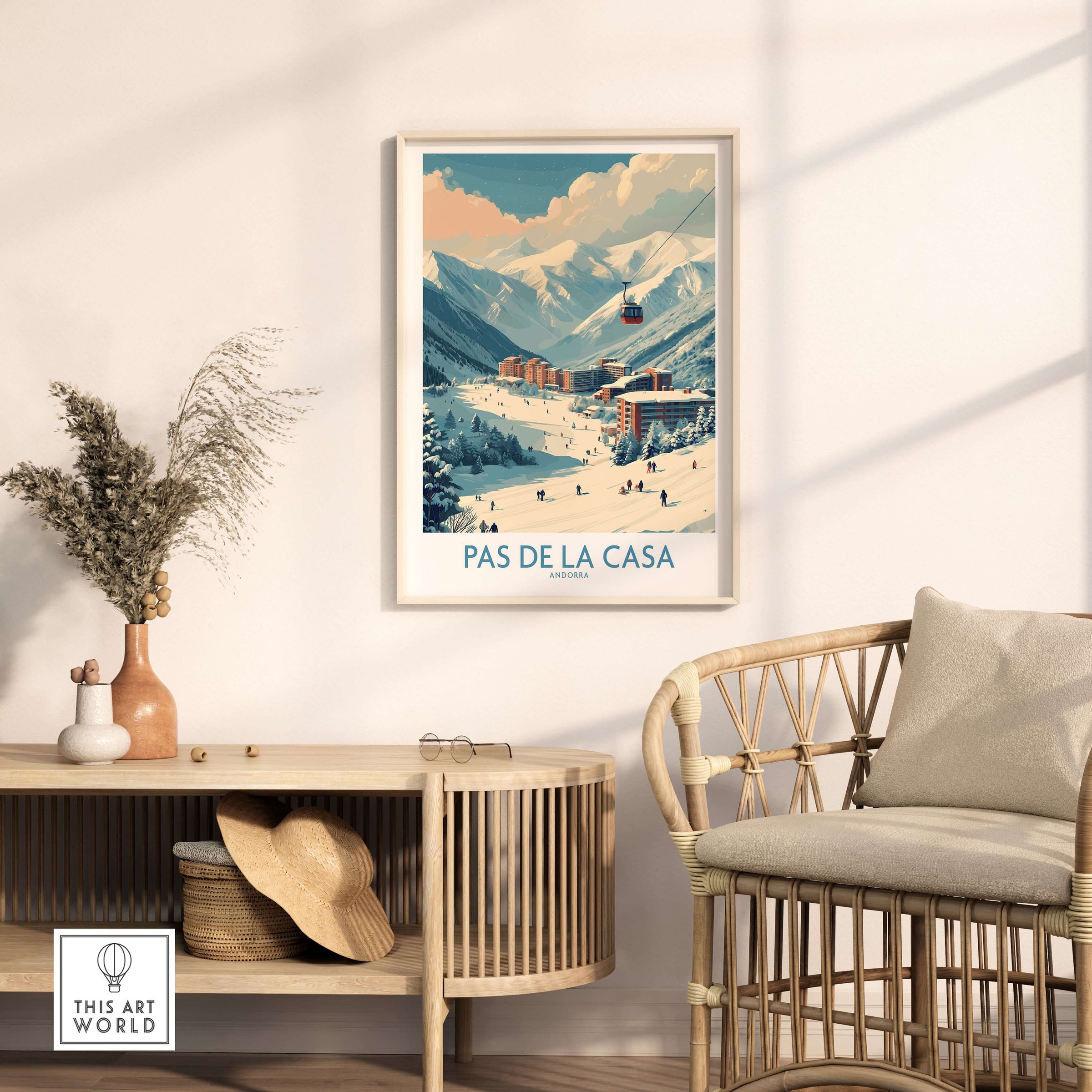 Pas de la Casa Andorra Ski Resort Art Print | Pyrenees Cable Car Poster in a stylish interior setting.