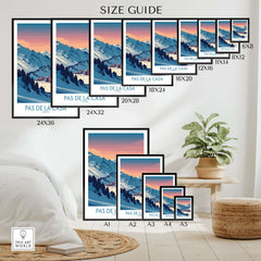 Pas de la Casa Andorra Poster | Pyrenees Ski Resort Wall Art size guide showcasing various frame options.