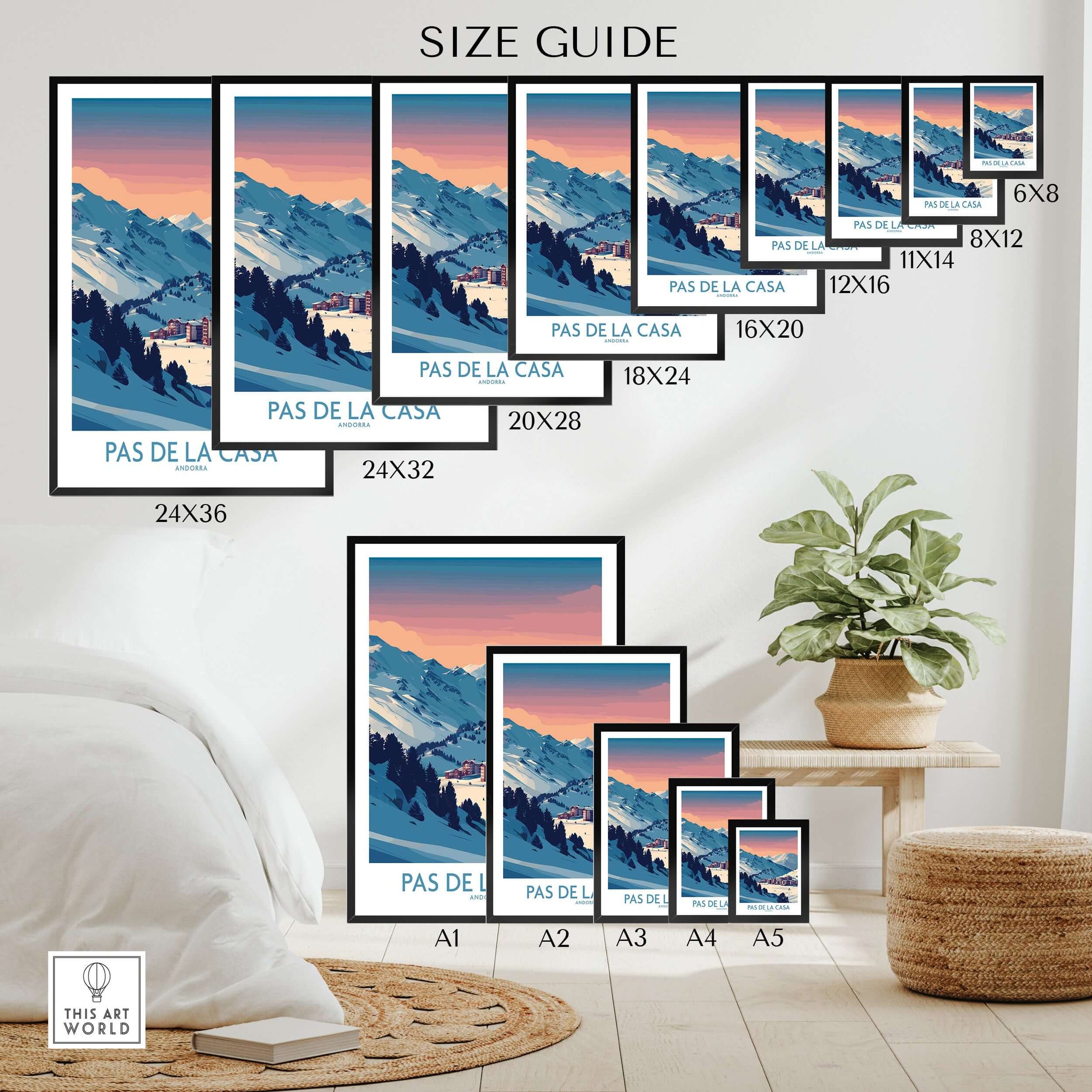 Pas de la Casa Andorra Poster | Pyrenees Ski Resort Wall Art size guide showcasing various frame options.