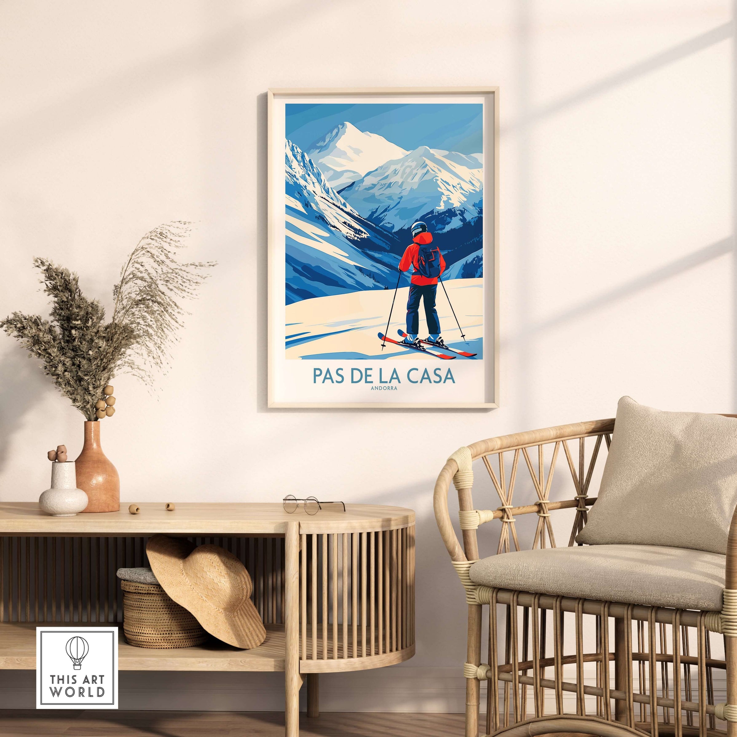 Pas de la Casa Andorra Print | Pyrenees Skiing Poster displayed in a cozy living room setting with ski decor.
