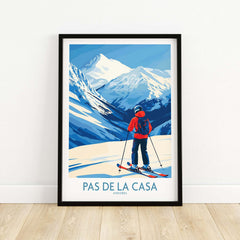 Pas de la Casa Andorra Print | Pyrenees Skiing Poster featuring a skier in front of snowy mountains.